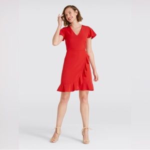 Draper James Bright Lipstick Red Solid Flutter Sleeve Mini Dress V Neck Ruffle